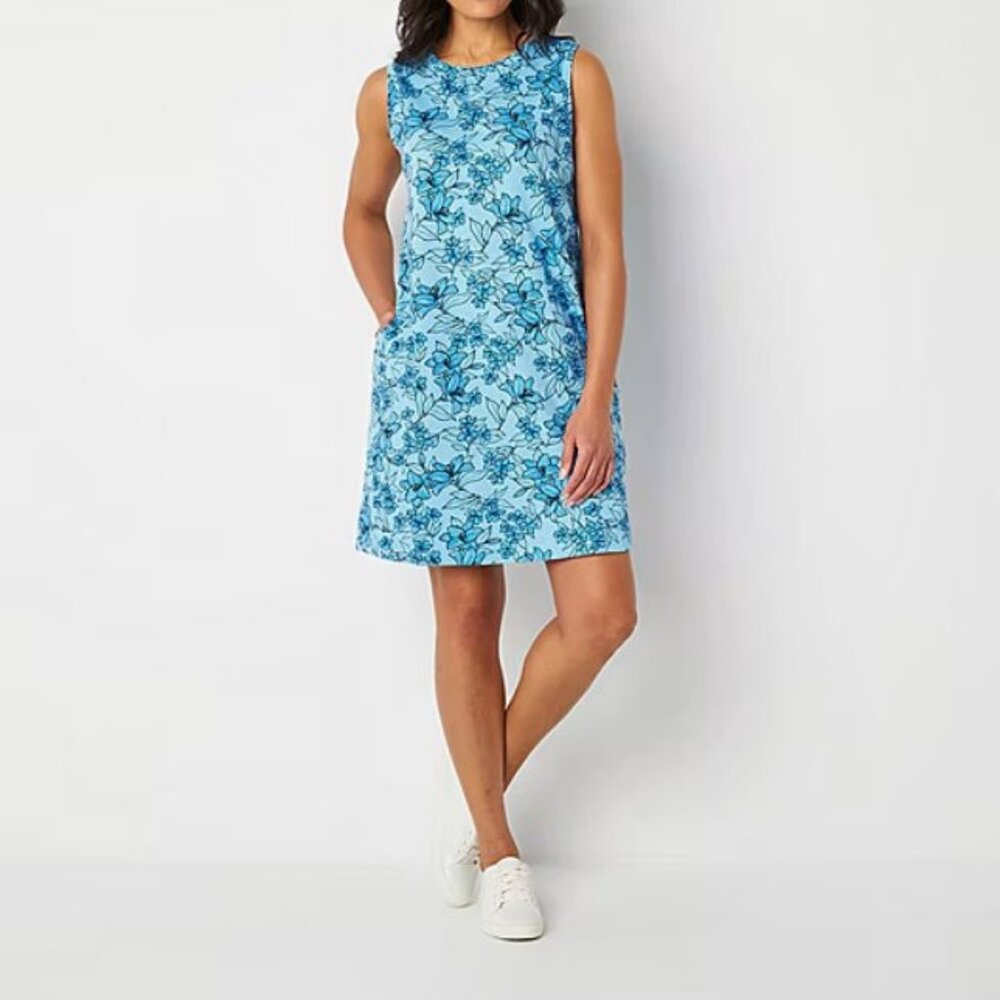 New St. John's Bay Sleeveless Shift Dress, Blue Floral, L, XL, 0X